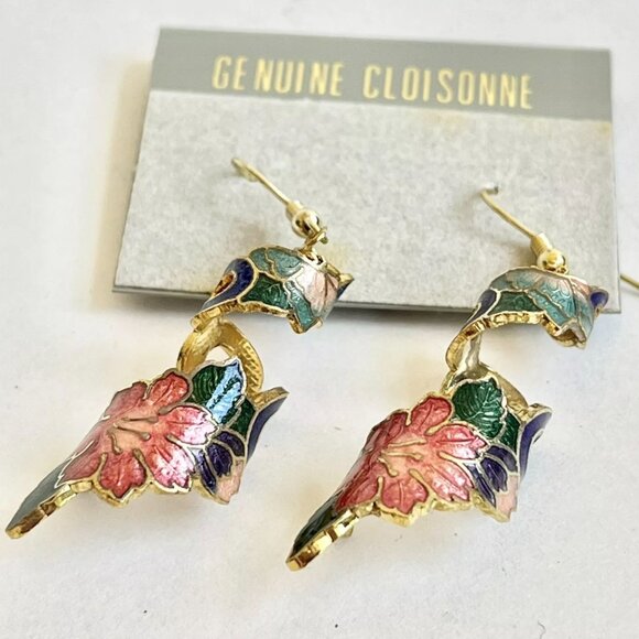 Vintage Red Hibiscus Flower Cloisonne Earrings Enamel Dangle Gold Tone Taiwan - Picture 2 of 11